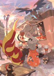  1boy 1girl apron black_bow black_bowtie blue_eyes blue_fire bow bowtie charizard clouds cumulonimbus_cloud cup e_volution fire food_stand glasses gradient_hair griselle_(pokemon) grisham_(pokemon) highres holding holding_cup lamppost litleo logo mega_charizard_x mega_pyroar multicolored_hair orange_sky perched pokemon pokemon_legends:_z-a ponytail pyroar red_hair shirt sky split_ponytail sunset two-tone_hair white-framed_eyewear white_hair white_shirt 