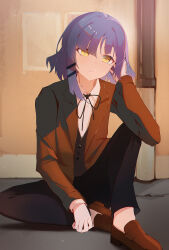  1girl :/ absurdres alternate_costume black_pants black_ribbon blue_hair bocchi_the_rock! brown_jacket brown_shoes choppy_bangs closed_mouth collared_shirt commentary expressionless hand_up highres indoors jacket knee_up loafers mannen_youmu mole mole_under_eye neck_ribbon on_floor open_clothes open_jacket pants ribbon shirt shoes short_hair sitting solo vest waistcoat white_shirt wing_collar yamada_ryo yellow_eyes 