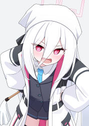  1girl absurdres black_skirt blue_archive blue_necktie blush commentary duster halo highres holding holding_duster jacket kei_(blue_archive) kei_(new_body)_(blue_archive) long_hair looking_at_viewer necktie negi_0712 open_clothes open_jacket open_mouth pink_eyes pleated_skirt skirt solo white_hair white_jacket 