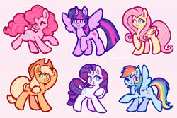  ^_^ adjusting_clothes adjusting_headwear animal animal_focus applejack aqua_eyes artist_name blonde_hair blue_eyes blunt_bangs bright_pupils brown_hat closed_eyes commentary cowboy_hat curly_hair cutie_mark english_commentary eyelashes feathered_wings fluttershy folded_wings freckles full_body green_eyes hat highres long_hair low-tied_long_hair mane_six_(my_little_pony) multicolored_hair my_little_pony my_little_pony:_friendship_is_magic no_humans one_eye_closed outline pankekie pegasus pink_background pink_eyes pink_hair pink_streaks pinkie_pie pony_(animal) purple_hair rainbow_dash rainbow_hair rarity_(my_little_pony) shy simple_background smile streaked_hair thick_eyelashes thick_lineart tongue tongue_out twilight_sparkle unicorn violet_eyes white_outline white_pupils winged_unicorn wings 