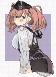  1girl ass atlanta_(kancolle) black_hat blush breasts brown_hair commentary_request earrings garrison_cap gloves grey_eyes hair_ornament hat jewelry kantai_collection large_breasts long_hair long_sleeves looking_at_viewer looking_back sagamiso shirt skirt solo star_(symbol) star_earrings suspenders twitter_username two_side_up white_background white_shirt 