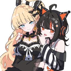  2girls ahoge animal_ear_headphones animal_ears bare_shoulders black_bow black_hair blonde_hair blue_eyes bow breasts cat_ear_headphones cat_ears choker earrings fake_animal_ears frilled_choker frills hair_bow hand_on_another's_shoulder headphones highres jewelry large_breasts long_hair long_sleeves looking_at_viewer mahou_shoujo_no_majo_saiban mole mole_under_eye multicolored_hair multiple_girls open_mouth orange_eyes saeki_miria sawatari_coco sharp_teeth single_earring smile streaked_hair teeth upper_body waipiiy white_background 