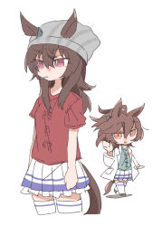  2girls agnes_tachyon_(umamusume) animal_ears beanie beer_hsk brown_hair chibi clothes_writing commentary_request ears_through_headwear grey_hat grey_shirt hair_between_eyes hat horse_ears horse_girl horse_tail lab_coat long_hair multiple_girls nakayama_festa_(umamusume) open_clothes parted_lips pleated_skirt red_eyes red_shirt shadow shirt short_sleeves simple_background skirt striped_clothes striped_headwear tail thigh-highs umamusume vertical-striped_clothes vertical-striped_headwear white_background white_skirt white_thighhighs 
