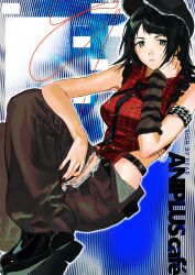  1girl absurdres arm_warmers bang_dream! bang_dream!_it's_mygo!!!!! black_hair black_hat black_nails black_necktie black_shoes breasts brown_pants closed_mouth commentary frilled_shirt frills green_eyes grey_arm_warmers hat highres medium_breasts medium_hair nail_polish necktie pants plaid_clothes plaid_shirt rainbow_hose red_shirt safety_pin shirt shoes single_arm_warmer sleeveless sleeveless_shirt solo striped_arm_warmers studded_armlet yahata_umiri 