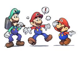  ! 3boys black_eyes blue_overalls boots brown_boots brown_facial_hair brown_hair buttons clenched_hand commentary dust_cloud english_commentary facial_hair gloves green_hat green_shirt hammer hat highres holding holding_hammer holding_weapon long_sleeves luigi male_focus mario mario_&amp;_luigi:_paper_jam mario_&amp;_luigi_rpg multiple_boys mustache newsboy_cap over_shoulder overalls paper paper_mario_(character) red_hat red_shirt red_socks shading_eyes shadow shirt short_hair socks speech_bubble standing striped_clothes striped_socks super_mario_bros. transformation two-tone_socks weapon weapon_over_shoulder white_background white_gloves white_socks yamari_(ya_mari_6363) 
