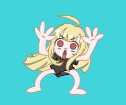  1girl absurdres ahoge barefoot black_shirt blonde_hair blue_background blunt_bangs cho_kaguya-hime! cho_theg_(style) commentary detached_ahoge english_commentary fewer_digits frown full_body highres kaguya_(cho_kaguya-hime!) long_hair long_shirt long_sidelocks meme open_mouth parody paypal_me_x_(meme) red_eyes shirt short_sleeves sidelocks simple_background solo style_parody t-shirt very_long_hair xiaoju_xiaojie 