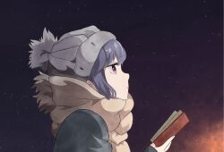  1girl beanie blue_hair blue_jacket book brown_scarf campfire closed_mouth commentary english_commentary from_side grey_hat hat highres holding holding_book jacket long_sleeves night open_book outdoors painting_(medium) pom_pom_(clothes) pom_pom_beanie profile releksi scarf shima_rin signature sky sleeves_past_wrists solo star_(sky) starry_sky traditional_media upper_body violet_eyes watercolor_(medium) yurucamp 
