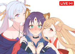  3girls animal_ears armpit_crease bare_shoulders black_choker blonde_hair blue_eyes blue_hair blue_kimono cho_kaguya-hime! choker clenched_hands collarbone commentary_request crescent crescent_hair_ornament criss-cross_halter forehead_jewel fox_ears girl_sandwich green_eyes hair_ornament hair_rings hair_stick halterneck japanese_clothes kaguya_(cho_kaguya-hime!) kimono livestream lop_rabbit_ears multicolored_eyes multiple_girls off_shoulder one_eye_closed orange_eyes pink_eyes puckered_lips purple_hair purple_kimono rabbit_ears red_kimono runami_yachiyo sakayori_iroha sandwiched simple_background two-tone_eyes white_background yugensangyo yuri 