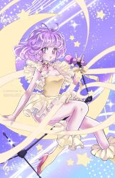  1980s_(style) 1girl ahoge artist_name ayasal breasts choker creamy_mami crescent dress frilled_choker frills highres holding holding_microphone idol leotard long_hair looking_at_viewer magical_girl mahou_no_tenshi_creamy_mami makeup microphone microphone_stand multicolored_polka_dots musical_note open_mouth polka_dot purple_hair retro_artstyle skirt socks solo sparkle star_(sky) star_(symbol) tutu violet_eyes watermark yellow_leotard yellow_socks 