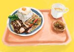  absurdres cup food food_focus food_request fried_egg highres meat no_humans original plate rice shadow simple_background tray user_xapj4875 vegetable yellow_background 