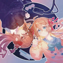  2girls absurdres ahoge badge black_cardigan blue_eyes blue_sailor_collar bow bowtie broken_heart broken_heart_hair_ornament brown_eyes brown_hair button_badge cardigan closed_eyes commentary commission dress_shirt english_commentary evil_neuro-sama from_side green_bow green_bowtie hair_between_eyes hair_ornament hair_ribbon heart heart_hair_ornament highres kasoke_308 long_hair long_sleeves looking_at_viewer multiple_girls neuro-sama off-shoulder_cardigan parted_lips red_eyes red_ribbon ribbon sailor_collar shirt siblings sisters twins two_side_up upper_body vedal_ai vinyl_record virtual_youtuber white_shirt yellow_cardigan 