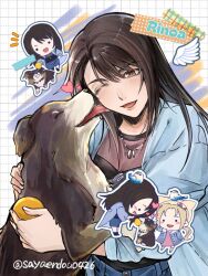  2girls angelo_(ff8) animal_on_head ball bird bird_on_head black_hair blonde_hair commentary_request dissidia_duellum_final_fantasy dissidia_final_fantasy dog final_fantasy final_fantasy_v final_fantasy_viii grid_background in-franchise_crossover jacket krile_mayer_baldesion_(ff5) krile_mayer_baldesion_(out_and_about) licking licking_another's_face multiple_girls official_alternate_costume on_head petting rinoa_heartilly rinoa_heartilly_(student_sorceress) sayaendou0426 