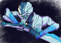  1boy absurdres armor armored_bodysuit black_bodysuit bodysuit character_mask chou_uchuu_keiji_gavan_infinity combat_helmet commentary_request e51milu full_armor gavan_bushido gavarion_blade helmet highres holding holding_sword holding_weapon mask science_fiction silver_armor sword tokusatsu weapon 