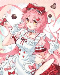  1girl :d absurdres animal_ears antenna_hair apron arknights bow breasts buttons candy cat_ears cat_girl chocolate commentary_request cowboy_shot cup double-breasted dress floppy_ears food frilled_apron frilled_gloves frills gloves goldenglow_(arknights) goldenglow_(party_in_the_garden)_(arknights) hair_bow heart heart-shaped_chocolate heart-shaped_food highres holding holding_food long_hair macaron maid_apron medium_breasts null0xo open_mouth pink_dress pink_hair puffy_short_sleeves puffy_sleeves red_bow red_ribbon ribbon saucer short_sleeves smile solo teacup very_long_hair white_apron white_gloves yellow_eyes 