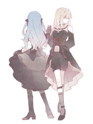  2girls absurdres arm_behind_back bang_dream! bang_dream!_it's_mygo!!!!! black_boots black_gloves black_pantyhose black_shirt black_shorts black_skirt blonde_hair blue_hair boots closed_mouth clothing_cutout corset doloris_(bang_dream!) full_body gloves hair_ribbon hand_on_another's_hand hand_up high_heel_boots high_heels highres long_hair looking_at_viewer medium_hair misumi_uika multiple_girls oblivionis_(bang_dream!) pantyhose ribbon shirt shorts shoulder_cutout sidelocks simple_background skirt standing tian_cheng_hua togawa_sakiko two_side_up white_background 