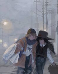  2others adapted_costume belt black_belt black_hair black_hat black_jacket black_vest blue_pants briefcase brown_eyes brown_hair buttons casual closed_eyes closed_mouth clouds cloudy_sky coat collared_shirt cowboy_shot day denim enraku_tsubakura exhausted fog grey_pants hair_between_eyes happy hat hatsburg head_on_another's_shoulder high-waist_pants highres holding holding_briefcase holding_coat holding_hands holding_unworn_clothes interlocked_fingers jacket jacket_on_shoulders jeans kuzu_suzumi lab_coat lamppost len'en light_blush light_frown long_sleeves looking_at_viewer medium_hair multiple_others neck_ribbon nostrils open_clothes open_jacket orange_jacket other_with_other outdoors pants pocket power_lines print_shirt puffy_long_sleeves puffy_sleeves purple_scarf realistic red_ribbon ribbon scarf shirt short_hair single_stripe sky sleeve_cuffs sleeves_past_wrists smile striped_clothes striped_jacket tailcoat top_hat triangle_print unworn_coat v-neck vest walking white_shirt wide_brim 