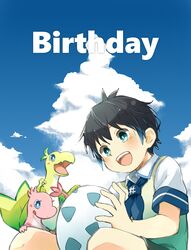  1boy animal black_hair blue_eyes blue_necktie blue_sky child collared_shirt creature day deepvocal dinosaur egg happy highres holding holding_egg kadokoa male_child male_focus necktie open_mouth outdoors school_uniform shirt short_hair short_sleeves sitting sky smile sorashido_lemi sweater_vest white_shirt 