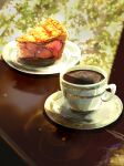  apple_pie coffee cup drink food food_focus frying-ammonite highres no_humans original plate reflection shadow 