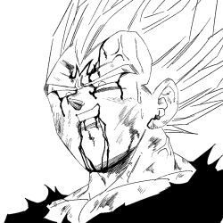  1boy 1rasutotoukou absurdres blood blood_on_face dragon_ball dragon_ball_z facial_mark forehead_mark greyscale highres majin_vegeta monochrome muscular muscular_male parted_lips simple_background smile solo upper_body vegeta white_background 