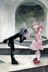  2girls ahoge arch blonde_hair bonnet brick_wall church crossdressing crossdressing_(ftm) dress frilled_dress frilled_sleeves frills grey_hair hairband highres huge_ahoge kiss kissing_hand lolita_fashion lolita_hairband multiple_girls niwanosekai original pink_bonnet pulpit red_eyes wedding yuri 