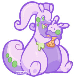  animal_focus antennae artist_name commentary creature_as_food dragon english_commentary evolutionary_line full_body goodra goomy green_eyes holding holding_ice_cream_cone ice_cream_cone no_humans pankekie pokemon pokemon_(creature) pokemon_focus simple_background sitting smile solo_focus thick_lineart tongue tongue_out white_background 