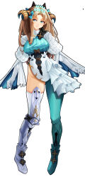  1girl absurdres aqua_boots aqua_eyes aqua_pantyhose armor armored_dress asymmetrical_footwear asymmetrical_legwear boots brown_hair commentary curled_horns dress ereshkigal_(fate) fate/grand_order fate_(series) frilled_skirt frills full_body gloves grey_boots half-skirt highleg highleg_leotard highres horns impossible_clothes impossible_leotard juliet_sleeves knee_boots leotard long_hair long_sleeves mismatched_footwear mismatched_legwear oro_(aaaoro) overskirt pantyhose puffy_sleeves single_leg_pantyhose single_thighhigh skirt smile solo space_ereshkigal_(fate) thigh-highs tiara uneven_legwear white_gloves white_thighhighs 