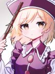  1girl blonde_hair bow_(music) breasts expressionless frilled_shirt_collar frills grey_background hat holding_bow_(music) lennonrine lunasa_prismriver medium_breasts medium_hair purple_headwear simple_background solo touhou upper_body white_background 