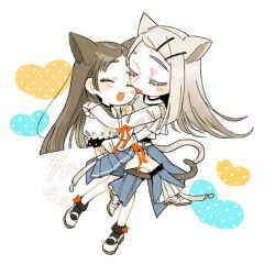  2girls animal_ears arm_warmers black_choker black_socks blonde_hair blue_pants blue_skirt blush brown_hair cat_ears cat_tail chibi choker colored_eyelashes commentary_request frilled_sleeves frilled_socks frills full_body gakuen_idolmaster hair_ornament hairclip happy highres hug idolmaster kuramoto_china long_hair multiple_girls pants pleated_skirt red_ribbon ribbon shinosawa_hiro shirt shoes simple_background sinny-garden skirt smile socks tail white_arm_warmers white_shirt white_shoes yuri 