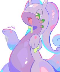  :d drooling goodra green_eyes hands_up highres mouth_drool no_humans open_mouth pokedex_number pokemon pokemon_(creature) pokemon_focus simple_background slime_(substance) smile solo uenomigi white_background 