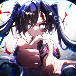  1girl armband asymmetrical_bangs black_hair black_shirt bruise bruise_on_face collared_shirt highres injury jacket long_hair minus_(reverseblue) necktie pero_blue red_armband red_necktie reverseblue_x_re-birthend shirt short_sleeves solo striped_clothes striped_necktie twintails white_jacket 