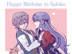  2girls ascot bang_dream! bang_dream!_it's_mygo!!!!! belt birthday black_ascot black_corset black_ribbon blue_hair blue_jacket blush bouquet closed_eyes collared_shirt corset english_text face-to-face flower flustered gloves grey_hair hair_between_eyes hand_on_another's_shoulder hashtag-only_commentary highres holding holding_bouquet jacket leaning_on_person long_hair looking_at_another multicolored_jacket multiple_girls open_clothes open_jacket open_mouth pink_background pink_flower puffy_short_sleeves puffy_sleeves red_shirt ribbon shirt short_hair short_sleeves signature simple_background sparkle takamatsu_tomori togawa_sakiko twitter_username two-tone_jacket two_side_up upper_body white_shirt yanhuizuimo yellow_eyes yuri 