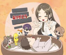  +++ 1other 2boys 3girls atari_(eurf8445) blush blush_stickers brown_hair chibi closed_eyes commentary_request facing_another full_body gakuen_idolmaster hamster hamtaro hamtaro_(series) hands_up highres himesaki_rinami idolmaster kenmochi_touya kuramoto_china long_hair looking_at_another mode_aim multiple_boys multiple_girls nijisanji open_mouth parted_bangs peanuts-kun peekaboo ponpoko_(vtuber) raccoon_girl second-party_source shirt short_sleeves toddler upper_body watch watch white_shirt 