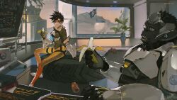  akihare armor banana bodysuit bomber_jacket chest_harness commentary cross-laced_clothes cross-laced_legwear eating food fruit glasses goggles gorilla harness highres in-universe_location jacket leather leather_jacket orange_bodysuit orange_goggles overwatch overwatch_(logo) pants peanut_butter sitting smile spiky_hair tight_clothes tight_pants tracer_(overwatch) untranslatable_commentary winston_(overwatch) 