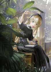  1girl accurate_lolita_coord arm_up black_dress black_hairband black_ribbon blonde_hair bloom blunt_bangs blunt_sidelocks book book_on_lap commentary dress food food_in_mouth frilled_dress frilled_hairband frills gosick gothic_lolita gown green_eyes hairband highres hime_cut kuthi0510 layered_sleeves lolita_fashion long_hair long_sleeves looking_at_viewer macaron mouth_hold neck_ribbon plant ribbon sidelocks sitting solo straight_hair sunlight very_long_hair victorica_de_blois 