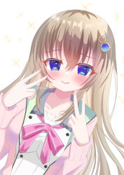  1girl 9-nine- absurdres blue_eyes blush bow bowtie brown_hair buttons cardigan closed_mouth collarbone colored_eyelashes commentary double-breasted double_v dress dutch_angle eyelashes eyes_visible_through_hair gear_hair_ornament hair_between_eyes hair_ornament hakusen_academy_school_uniform hands_up highres kujou_miyako lips long_hair long_sleeves looking_at_viewer open_cardigan open_clothes pink_bow pink_bowtie pink_cardigan school_uniform simple_background smile solo sparkle star_(symbol) star_print tmw15q twitter_username upper_body v very_long_hair white_background white_dress wing_hair_ornament 