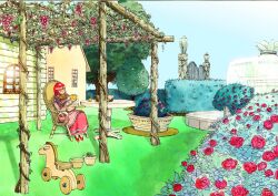  1boy 1girl absurdres ark_(tenchi_souzou) baby chair closed_mouth commentary_request dress elle_(tenchi_souzou) flower food fountain fruit fujiwara_kamui gate grapes hedge highres house long_hair official_art pink_hair plant potted_plant red_flower red_rose rocking_horse rose sitting spiky_hair tenchi_souzou tree window 