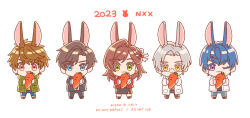 1girl 2023 4boys :3 :d ;) absurdres animal_ears artem_wing_(tears_of_themis) artist_name black_jacket black_pants black_skirt blue_eyes blue_necktie blue_pants bow brown_eyes brown_hair carrot chibi chinese_zodiac closed_mouth coat commentary_request food formal_clothes full_body glasses green_eyes green_jacket hair_bow highres holding holding_food jacket koeda_(k83_4) long_hair looking_at_viewer luke_pearce_(tears_of_themis) marius_von_hagen_(tears_of_themis) multiple_boys necktie one_eye_closed open_mouth pants purple_hair rabbit_ears red_jacket rosa_(tears_of_themis) short_hair simple_background skirt smile tears_of_themis vyn_richter_(tears_of_themis) white_background white_bow white_coat white_hair white_jacket year_of_the_rabbit yellow_eyes 