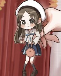  1girl 1other bag beret black_shoes black_socks blue_ribbon blue_skirt blush brown_eyes brown_hair collared_shirt gakuen_idolmaster grey_shirt hat hatsuboshi_gakuen_school_uniform highres holding holding_bag holding_mini_person idolmaster jacket koutarou_(hamtaro_neki) kuramoto_china loafers long_hair looking_at_viewer mini_person minigirl neck_ribbon open_mouth orange_bag parted_bangs photo-referenced pleated_skirt ribbon school_uniform shirt shoes skirt socks solo_focus white_hat white_jacket 