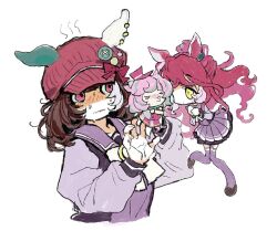  2girls animal_ear_piercing animal_ears blue_sailor_collar blue_shirt blue_skirt blue_thighhighs blush bow bowtie brooch brown_hair brown_shoes buttons chibi circle_skirt clenched_hands closed_mouth cropped_torso ear_ornament ears_through_headwear floating_clothes floating_hair flustered hand_puppet hands_on_own_chest happy hat hat_bow hat_pin horse_ears horse_tail horseshoe_ornament implied_kiss jewelry leg_up long_hair long_sleeves looking_at_another loves_only_you_(umamusume) marche_lorraine_(umamusume) miniskirt mismatched_ear_covers multicolored_hair multiple_girls multiple_piercings nervous_sweating newsboy_cap nicejinbe own_hands_together pink_bow pink_eyes pink_hat pleated_skirt ponytail puffy_long_sleeves puffy_sleeves puppet red_hair sailor_collar school_uniform shirt shoes simple_background skirt smile streaked_hair striped_clothes striped_headwear sweat tail thigh-highs tracen_school_uniform umamusume uwabaki vertical-striped_clothes vertical-striped_headwear very_long_hair wavy_hair wavy_mouth white_background white_bow white_bowtie winter_uniform yellow_eyes yuri 