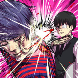  2boys black_eyes black_hair black_necktie black_vest blood blue_hair closed_eyes closed_mouth commentary_request eyepatch frown holding holding_tray jacket kaneki_ken long_sleeves looking_at_another male_focus medical_eyepatch multiple_boys necktie one_eye_covered pink_background print_necktie shiromi_(ringo) shirt short_hair smack star_(symbol) star_print striped_clothes striped_jacket swept_bangs tokyo_ghoul tray tsukiyama_shuu vertical-striped_clothes vertical-striped_jacket vest waistcoat white_shirt 