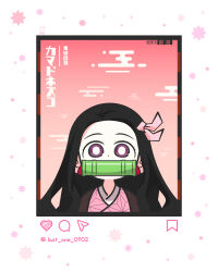  1girl absurdres anbeauty0902 bamboo bit_gag black_hair border bright_pupils commentary_request egasumi gag highres instagram japanese_clothes kamado_nezuko kimetsu_no_yaiba kimono korean_commentary long_hair looking_at_viewer pink_kimono pink_ribbon ribbon solo straight-on translation_request violet_eyes white_border white_pupils 