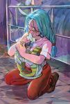  1boy 1girl amartbee armor bed blue_hair broken_armor bulma bulma_(future) clenched_teeth closed_eyes commentary crying dragon_ball dragon_ball_z english_commentary gloves grey_hair holding holding_clothes holding_gloves kneeling long_hair low-tied_long_hair mother_and_son pants red_pants saiyan_armor shirt streaming_tears tears teeth trunks_(dragon_ball) trunks_(future)_(dragon_ball) twitter_username white_shirt 