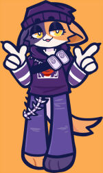  1girl :3 :d androgynous animal_ears animal_feet beanie black_eyeshadow black_fur black_hat black_hoodie black_pants body_fur bright_pupils calico_(pattern) canned_tuna cat_ears cat_girl cat_tail claws commentary deformed double_finger_gun english_commentary eyeshadow fewer_digits finger_gun fish_skeleton flat_chest fortnite full_body furry furry_female half-closed_eyes hat hood hood_down hoodie makeup meow_skulls multicolored_fur no_nose orange_background orange_fur pankekie pants simple_background smile solo standing striped_sleeves tachi-e tail thick_lineart tomboy wallet_chain white_fur white_pupils yellow_eyes 