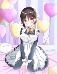  1girl apron balloon between_legs black_dress black_hair blush bow bowtie breasts bun_cover cafe_stella_to_shinigami_no_chou commentary dress earrings eyes_visible_through_hair frilled_apron frills full_body hair_behind_ear hair_between_eyes hair_bun hair_ornament hair_ribbon hairclip hand_between_legs heart_balloon highres indoors jewelry large_breasts long_dress long_sleeves looking_at_viewer maid maid_apron medium_hair on_bed parallel_hairclips parted_lips ribbon servamp_kuro shiki_natsume single_hair_bun sitting solo striped_bow striped_bowtie striped_clothes stud_earrings twitter_username upturned_eyes v_arms white_apron white_ribbon yellow_bow yellow_bowtie yellow_eyes 