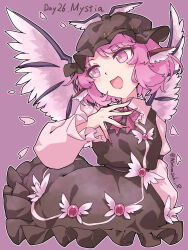  1girl :d animal_ears aomurasaki_r bird_ears bird_wings blush bow bowtie brown_hat character_name clothing_request collared_shirt commentary dress feathered_wings fingernails frilled_bow frilled_dress frills hat highres long_fingernails long_sleeves medium_hair mob_cap mystia_lorelei open_mouth pinafore_dress pink_eyes pink_hair purple_background purple_bow purple_bowtie purple_nails purple_wings shirt sleeve_garter sleeveless sleeveless_dress smile solo touhou twitter_username white_shirt wing_hat_ornament wing_ornament wings 