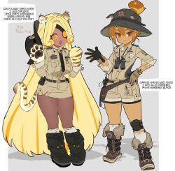  2girls :3 :d @_@ absurdly_long_hair alternate_costume animal_ears animal_hands arrow_(symbol) belt bike_shorts bike_shorts_under_shorts black_belt black_boots black_gloves black_hat black_necktie black_ribbon blonde_hair boonie_hat boots border breasts brown_boots brown_eyes brown_gloves brown_hair brown_jacket brown_pantyhose brown_shorts brown_skirt buttons closed_mouth collared_jacket commentary_request cookie_run cookie_run:_ovenbreak croissant_cookie dark-skinned_female dark_skin denim denim_shorts dog_ears double-parted_bangs dual_persona eyepatch fang flat_chest food-themed_hair full_body gloves goggles goggles_around_neck grey_background grey_socks hair_between_eyes hair_bun hair_intakes hand_on_own_hip hand_up hands_up hat highres humanization jacket kemonomimi_mode key knee_boots knee_brace kneehighs korean_commentary korean_text legs_apart legs_together long_hair long_sleeves looking_at_viewer medium_breasts miniskirt multicolored_gloves multicolored_hair multiple_girls necktie no_eyebrows ohta_guk_hip one_eye_covered open_mouth orange_eyes orange_hair outside_border pantyhose parted_bangs pocket ribbon ribbon_trim shadow shirt short_hair shorts side-by-side simple_background single_hair_bun skirt smile socks standing streaked_hair studded_belt tail tareme thick_eyebrows thick_thighs thighs three-quarter_sleeves tiger_ears tiger_girl tiger_paws tiger_tail timekeeper_cookie translation_request tsurime two-sided_gloves two-tone_gloves two-tone_hair v-shaped_eyebrows very_long_hair white_border white_shirt yellow_tail 