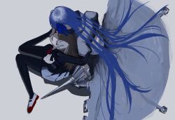  1473ex 2girls armor blue_hair blue_ribbon blush brown_hair closed_eyes commentary_request fate/extra fate_(series) from_above full_body grey_background hair_ribbon highres jacket kishinami_hakuno_(female) long_hair meltryllis_(fate) multiple_girls open_mouth pantyhose ribbon simple_background skirt smile 