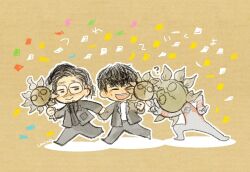  3boys :> :d ? alien artist_name black_hair black_jacket black_pants black_shirt character_mask chibi closed_eyes colored_skin commentary_request confetti emblem facial_hair fujii_ryou_(director) glasses goatee_stubble happy holding holding_mask jacket male_focus mask multicolored_skin multiple_boys mustache_stubble no_pupils outline pants pointing real_life red_skin sakanaction shadow shirt signature silver_skin smile stubble sun_symbol taroman taroman:_okamoto_taro_shiki_tokusatsu_katsugeki teeth umino_kaiju upper_teeth_only white_outline white_shirt yamaguchi_ichirou yellow_skin 