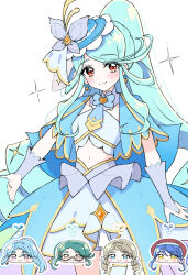  5girls ? aqua_bow aqua_bowtie aqua_capelet aqua_hat aqua_skirt boater_hat bow bowtie brooch butterfly_hat_ornament capelet character_speculation chibi closed_mouth cure_eclair earrings frilled_skirt frills hat hat_ornament head_only heart heart_brooch highres howa_kurea jewelry kurusu_eliza layered_skirt long_hair looking_at_viewer magical_girl meitantei_precure! midriff miniskirt multiple_girls navel ponytail precure red_eyes sateto_(user_knrf2332) simple_background skirt smile solo_focus standing tilted_headwear very_long_hair white_background 