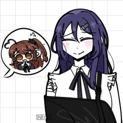  2girls ^_^ ahoge arm_at_side arm_sling artist_name assault_lily black_ribbon black_scrunchie blush brown_eyes brown_hair chibi chibi_inset closed_eyes closed_mouth collared_shirt facing_viewer flying_sweatdrops frilled_shirt frills grid_background hair_between_eyes hair_down hair_ornament hair_scrunchie hairclip heart heart_ahoge long_hair mayu_(yu_e1602) multiple_girls neck_ribbon one_side_up open_mouth purple_hair raised_eyebrows ribbon school_uniform scrunchie shirt sleeveless sleeveless_shirt smile speech_bubble spoken_character takasuga_tsukushi tearing_up upper_body watanabe_akane white_background worried yurigaoka_girls_academy_school_uniform 
